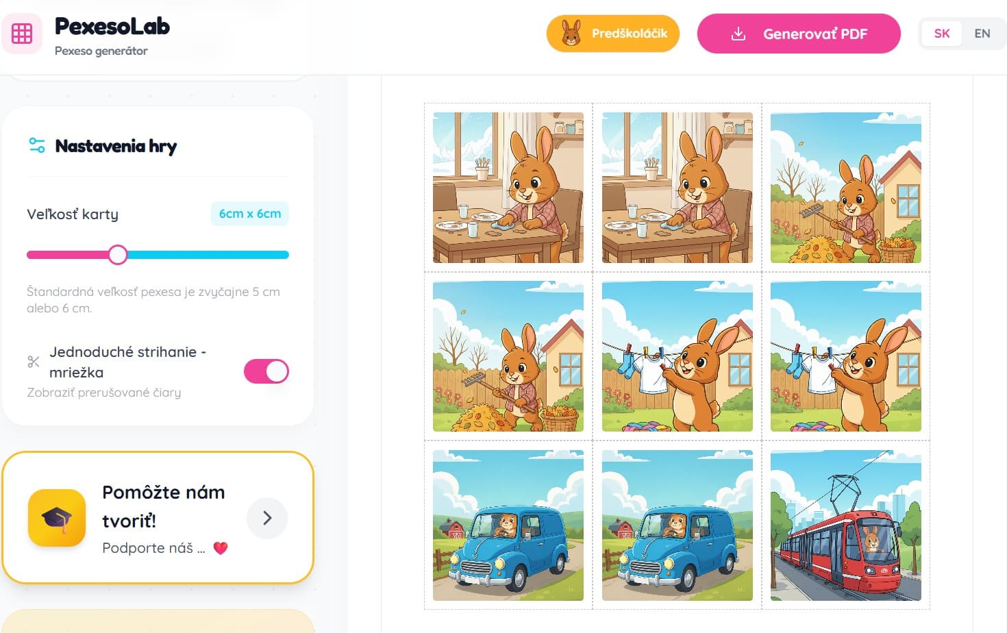 Screenshot of Pexesolab – custom memory card game generator from uploaded images