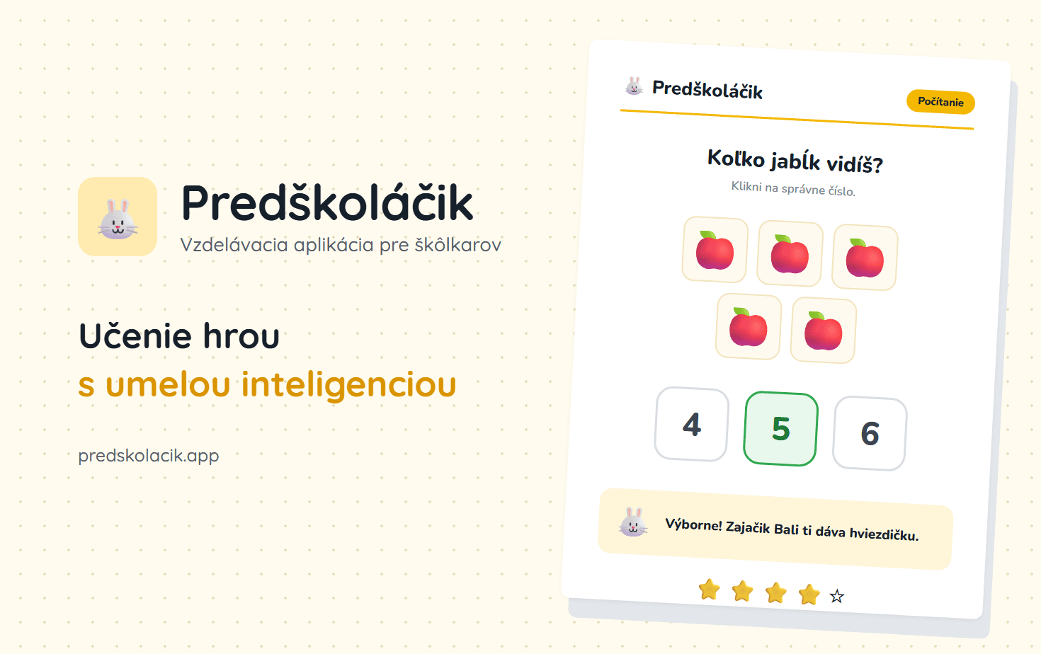 Predškoláčik – an apple-counting exercise with Bali the bunny and reward stars