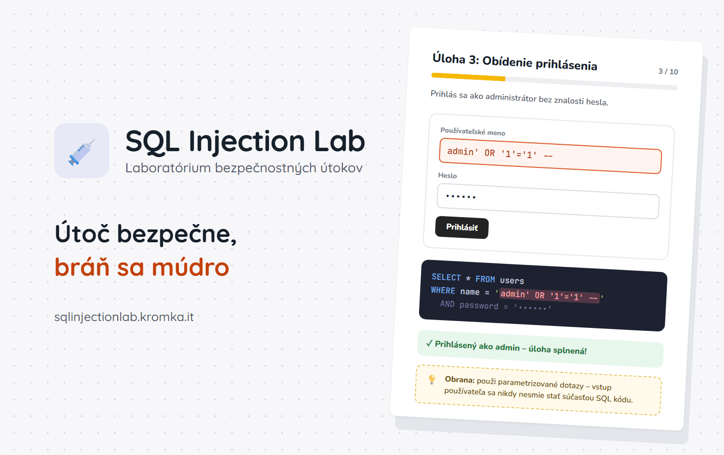 SQL Injection Lab – a login-bypass task showing the injected SQL query and a defence tip