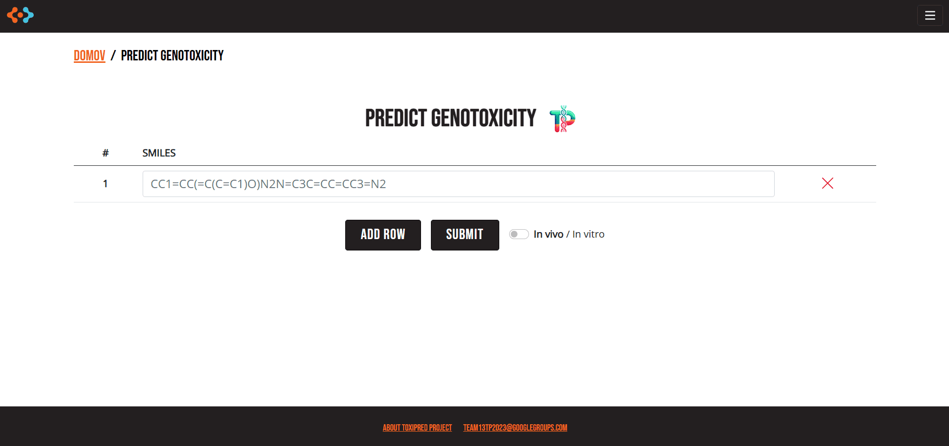 Screenshot of Toxipred genotoxicity prediction tool powered by machine learning