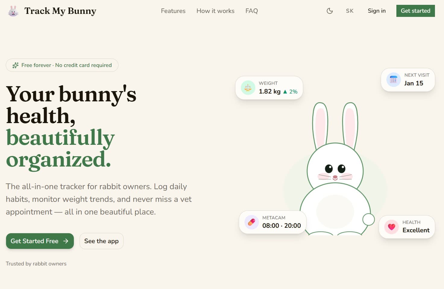 Screenshot of Track My Bunny app – pet rabbit health and weight tracking dashboard